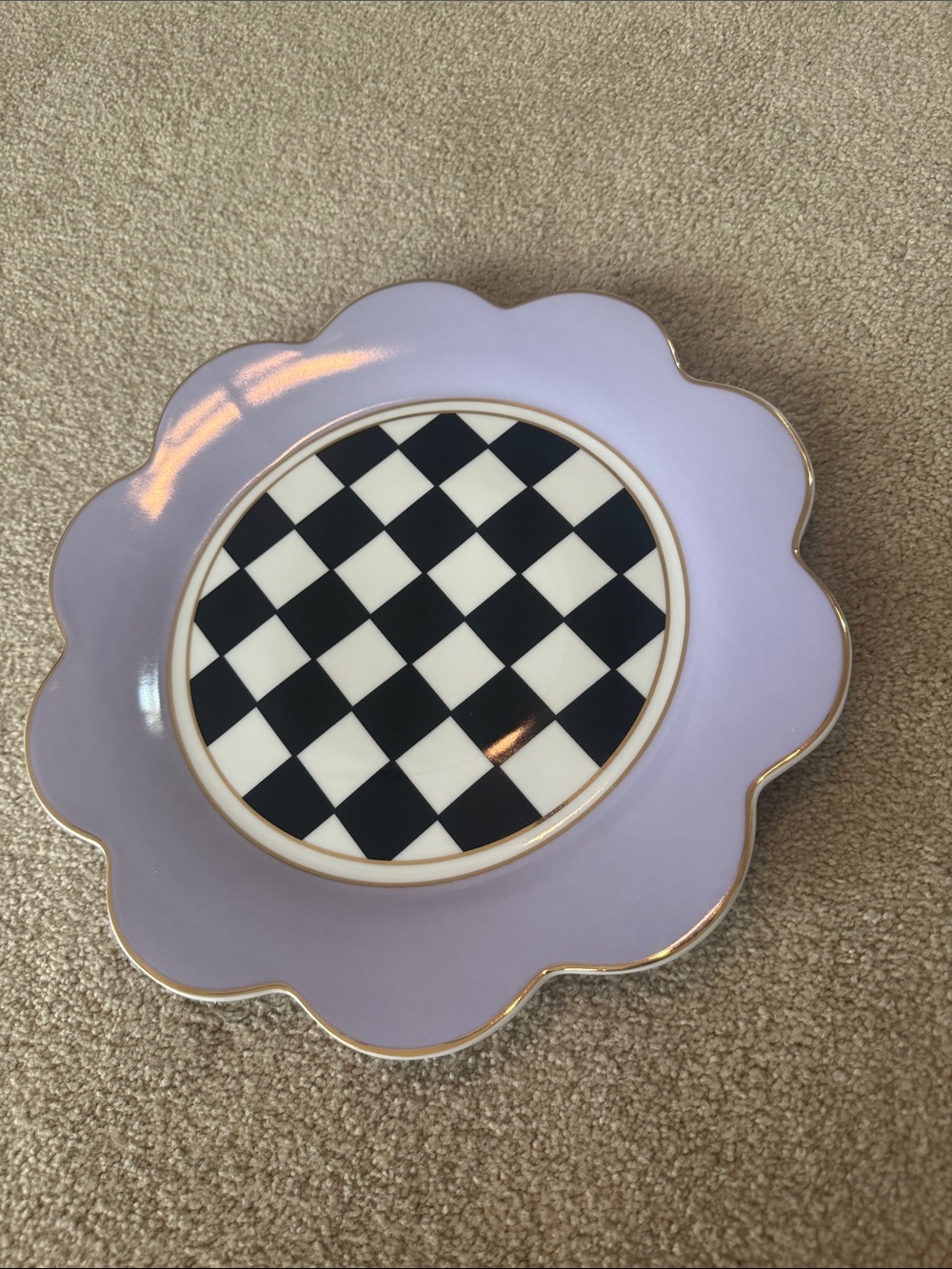 MacKenzie-Childs Lavender Scalloped Plate with Black and White Check
